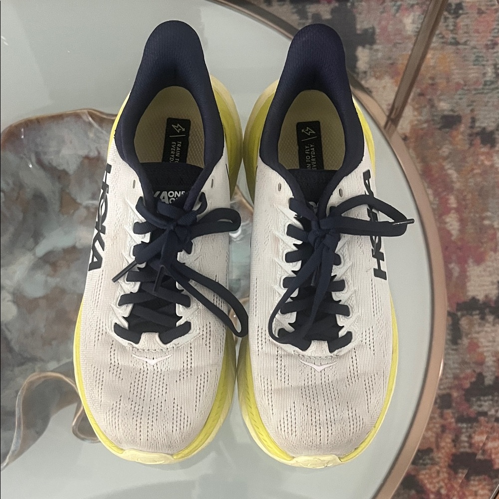 Hoka Mach 4 White and Neon Yellow Athletic Shoes